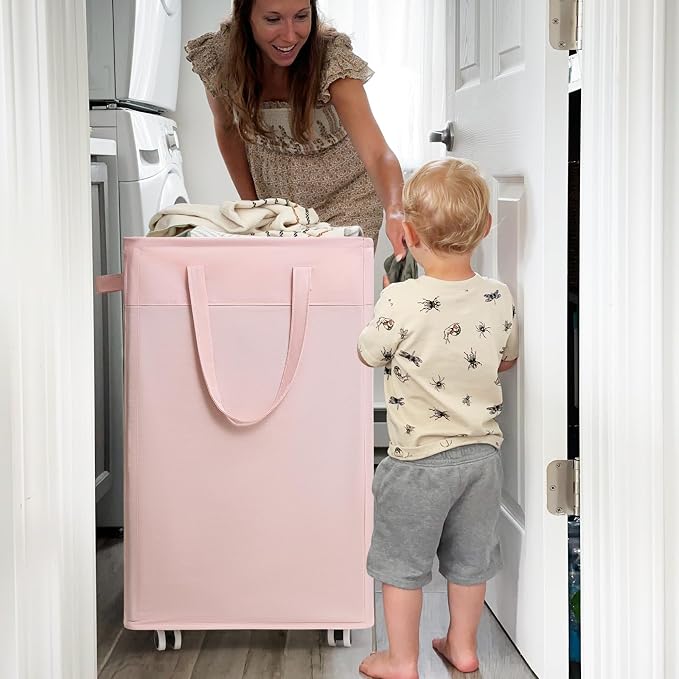 CHICVITA 75L Laundry Hamper with Wheels 2-Pack, Wash Bags, Pink | Collapsible rolling baskets with carry handles for corner dorm rooms. Removable wash bags, easy clean