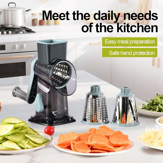 Rotary Cheese Grater Shredder 3-in-1 Hand Crank Suction Base | Stainless steel blades for fine, medium & coarse grating | Perfect for cheese, vegetables & nuts | Finger-safe design
