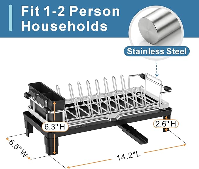 GSlife Small Dish Drying Rack for Counter - Expandable Drainer, Silver | Dual-Screw Locks, Expandable Fit Support with Cup Holders, Steel Drainer, Measured Sink Fit, Daily Kitchen Use and Cleanup