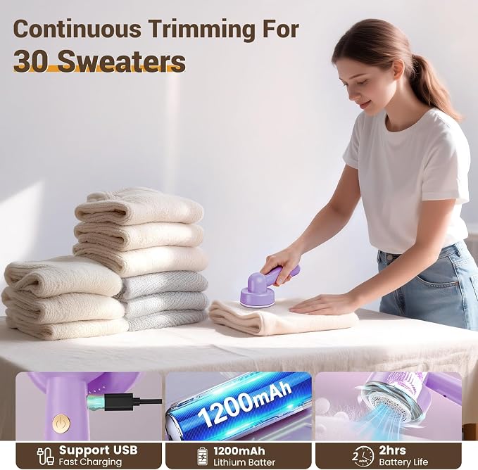 DBC Fabric Shaver & Lint Remover for Clothes, Sweaters & Furniture | 6-Leaf Blade, 3 Speeds, 2H Runtime, Portable Design Perfect for Travel, Includes 2 Extra Blades, Purple