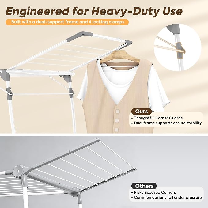 KINGBOARD Clothes Drying Rack, Gullwing Drying Rack with Sock Clips, White | For Family Laundry, Spacious Design with 2 Sturdy Frame Supports, Holds Up to 37lbs, Non-slip Feet, for Indoor/Outdoor Use