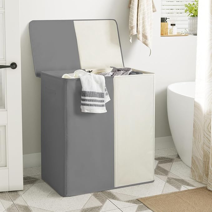 WOWLIVE Double Laundry Hamper with Lid, 154L Large Laundry Basket Organizer | Collapsible Dirty Clothes Hamper 2 Section, with Removable Laundry Bags for Laundry Room, College Dorm, Grey and Beige