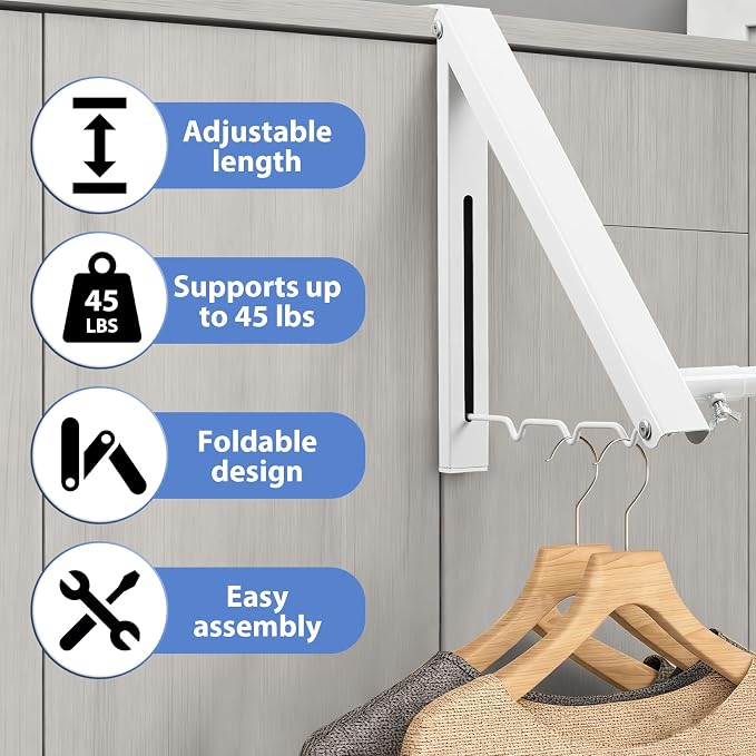 Over The Door Hanger, Foldable Over The Door Drying Rack with 20"-32" Expandable Width, Space Saving Doors Clothes Hanger for Laundry, Bathroom, Apartment, Fits Doors up to 1-1/4”, Metal, White
