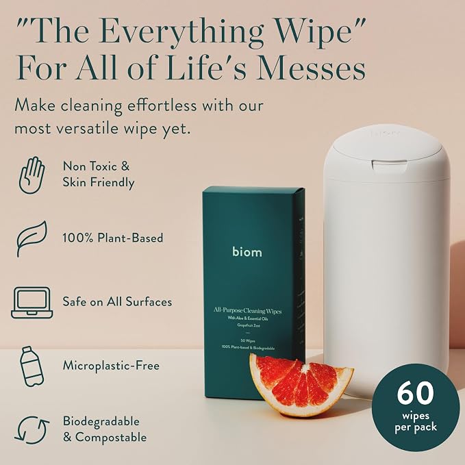 Biom All-Purpose Cleaning Wipes Refill (8pk x 60ct Each)- Fragrance Free - All Natural, Plant-Based, Non-Toxic Wipes for Home & Travel - Kid & Pet Friendly