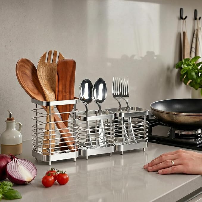 Utensil Holder, Stainless Steel Utensil Drying Rack for Kitchen Counter, Silverware Cutlery Flatware Holder Forks, Knives, Spoons, Chopsticks Organizer (1 Large + 2 Small)