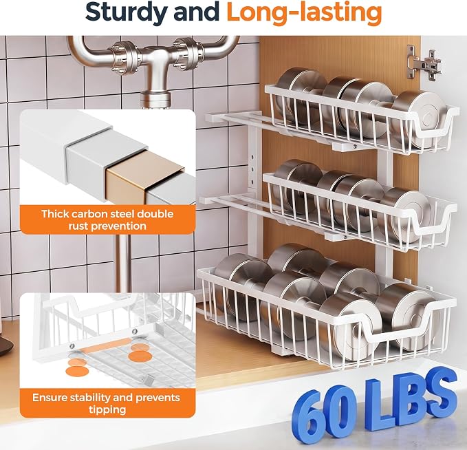 Under Sink Organizer, 2-Pack 3-Tier Height Adjustable Thickened Metal Pull out Cabinet Organizer Shelf, Slide out Storage Drawer Rack for Bathroom Kitchen Pantry Home Laundry Organization (White)