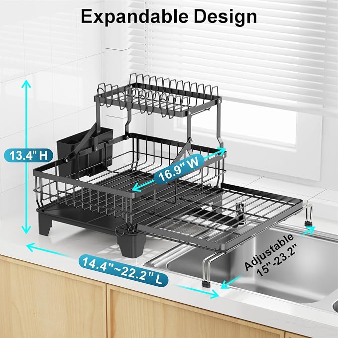 GSlife Large 2 Tier Dish Drying Rack, Expandable Multifunctional Dish Rack for Kitchen Counter, Rust-Resistant Dish Drainer with Utensil & Cup Holder, Auto-Drain, 16.9" W x 14.4"-22.4" L, Black
