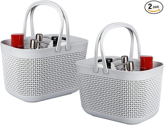 Plastic Protable Shower Caddy Basket, Storage Organizer, Grey, 2 Pack | Bottom Drain Holes, Keep Dry, Sturdy and Durable, Easy to Carry for Bathroom, Kitchen, Dorm Room, RV, College