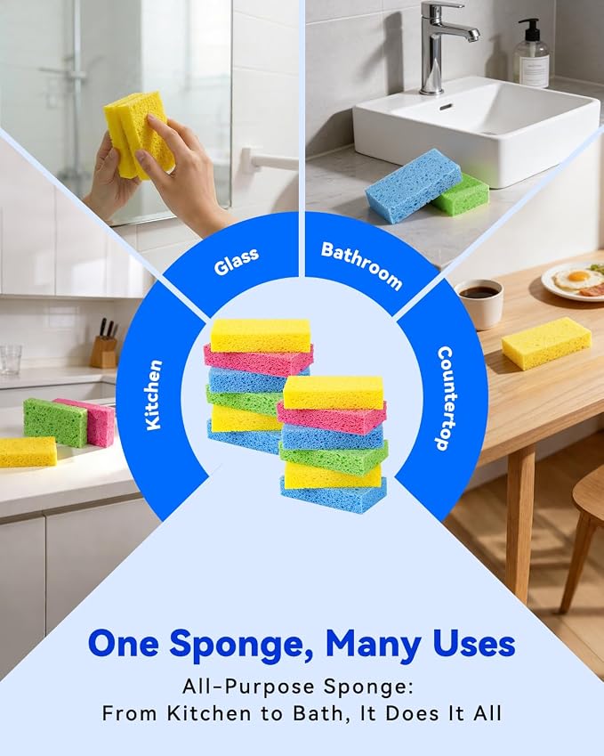 Temede 12-Count Cellulose Sponges, Heavy Duty Kitchen Sponges, Non-Scratch | Pop-Up Compressed Cellulose Dish Sponges, with a Durable and Firm Texture for Cookware, Bathroom and Household Cleaning