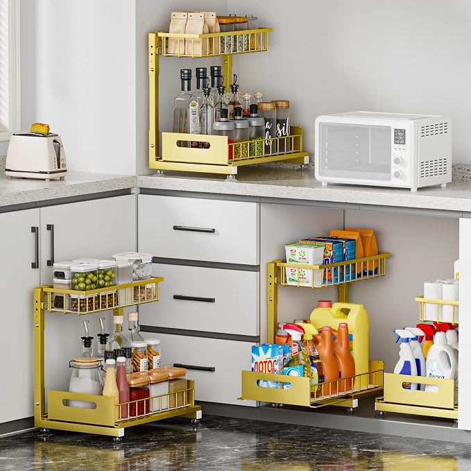 Saydear L-Shaped Under Sink Organizer, 2-Tier Pull-out Cabinet Rack 1-Pack | Gold Height-Adjustable Steel Rack, Sliding Grid Drawers with PP Liners, Holds 100 Lbs, Suction Base, Ideal Kitchen Storage