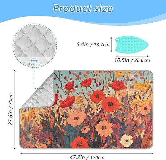 Autumn Poppy Flowers Ironing Mat Portable Ironing Pad Blanket with Silicone Iron Rest for Table Top Travel Heat Resistant Double-Side Using Large 47x28 Inch Foldable
