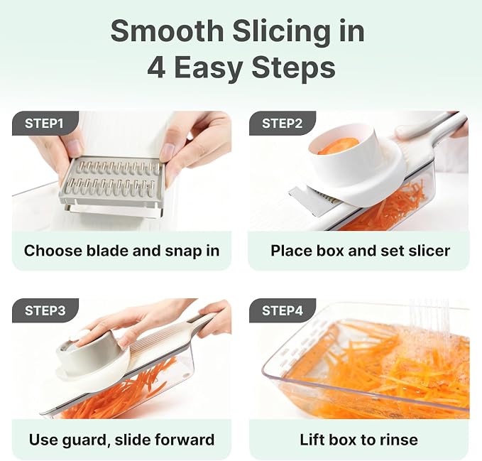 ZKIRON Mandoline Slicer for Kitchen with Drain Box, 6-in-1 Handheld Vegetable Slicer with Safety Hand Guard, Potato Slicer Cucumber Julienne Shredder Grater, Compact Salad Prep (Gray)