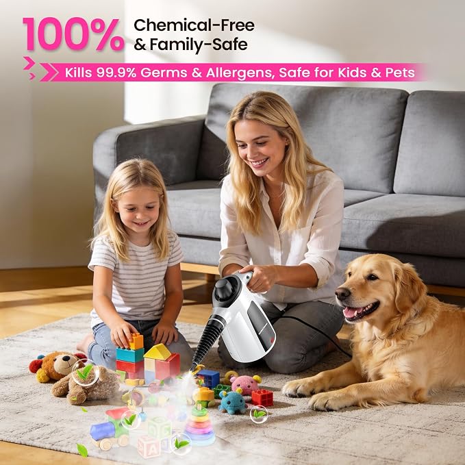 Steam Cleaner, Pressurized Handheld Multi-Surface Natural Steam Cleaner with 12pcs Accessory & Safety Lock, Portable Steamer for Cleaning Home, Kitchen, Bathroom, Car, Upholstery, Grout, Window