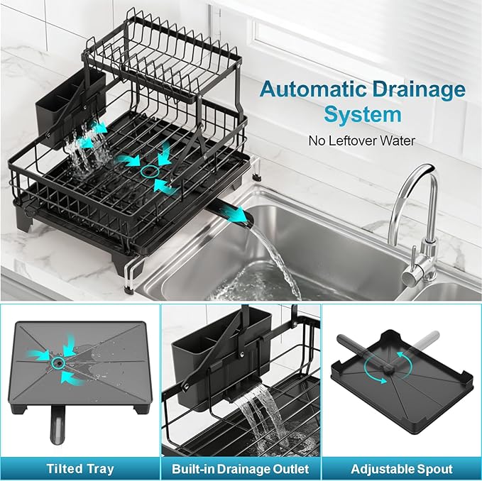 GSlife Large 2 Tier Dish Drying Rack, Expandable Multifunctional Dish Rack for Kitchen Counter, Rust-Resistant Dish Drainer with Utensil & Cup Holder, Auto-Drain, 16.9" W x 14.4"-22.4" L, Black