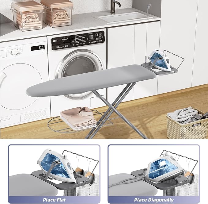 KINGBOARD Ironing Board, Compact Iron Board Full Size with Extra Thick Cover, 7 Adjustable Heights Stand with Hanger and Iron Rest, Large Heavy Duty Ironing Board with Storage Tray, 13x43 Grey