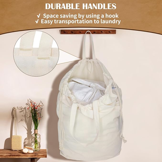 Canvas Laundry Bag with Handles & Square Base, XXL 18"Wx18"Dx27.6"H, Beige | Extra Large Heavy Duty Laundry Basket Hamper Liner Replacement, Washable Drawstring Dirty Clothes Bag, Canvas Storage Sack