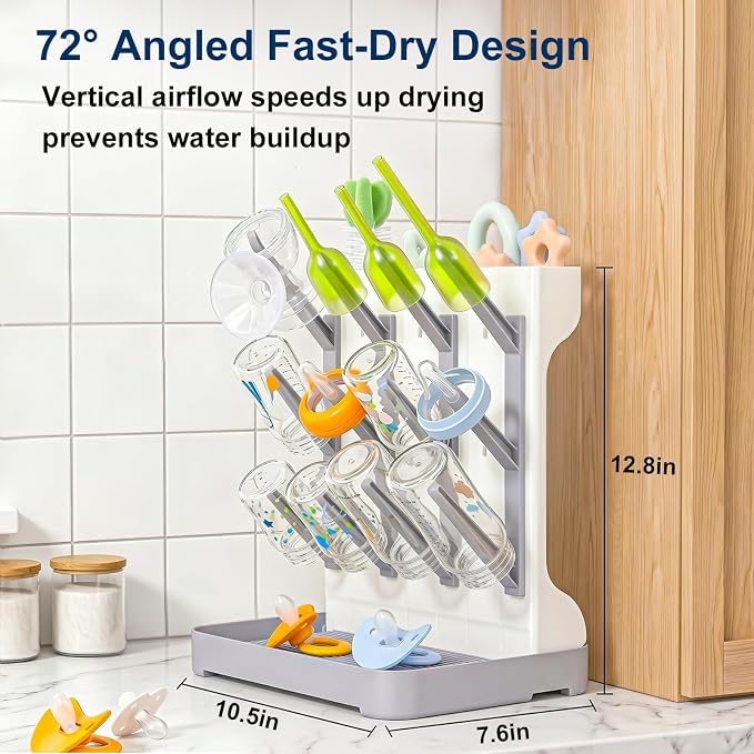GoMaihe Baby Bottle Drying Rack: Space Saving Vertical Bottle Dryer Holder | Newborn Accessories Storage Stand Organize Brushes Pacifiers on Countertop - BPA-Free - Gray
