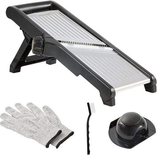 Restaurantware Stainless Steel Adjustable Mandoline Slicer - German Standard Vegetable Slicer with Blade Guard, Includes Cut-Resistant Gloves - Food Slicer for Potato, Onions, Cucumbers, Tomato