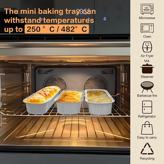 Mini Cake Pans with Lids and Spoons 200 Pack, Mini Loaf Pans with lids 6.8oz, Small Disposable Aluminum Foil Loaf Pans, Rectangular Baking Container for Party, Picnics and Birthday (White)