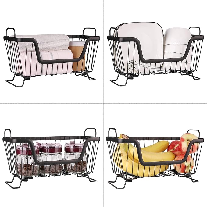 LOTTS Stackable wire basket for pantry, Metal Pantry basket, Storage Organizer Bin with Handles, Fruit basket for Kitchen Cabinets, Pantry, Closets, Bedrooms, Bathrooms (12.6×6.5×7.6")- 2 Pack