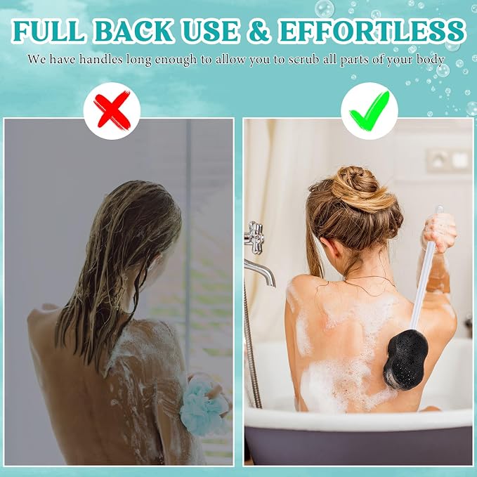 3 Pcs Long Handle Bath Sponge 22.4'' Back Sponge on a Stick Lightweight Back Washer Handled Butt Scrubber Shower Brush for Foot Body Cleaning Bathing Limited Motion (Black)