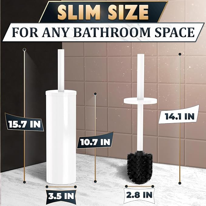 Stainless Steel Toilet Brush and Holder Set White - Long Handle Toilet Bowl Cleaner Brush and Holder - Removable Inner Liner, Shiny Design, Splash Protection & Dense Bristles for Bathroom Cleaning