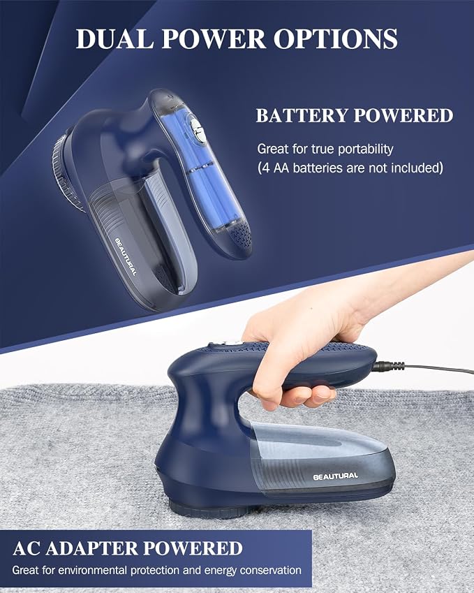 BEAUTURAL Fabric Shaver and Lint Remover, Portable Sweater Defuzzer | AC Adapter or Battery Powered, 2 Speeds, 1 Replaceable 6-Leaf Blade, Powerful & Efficient for Couch and Furniture