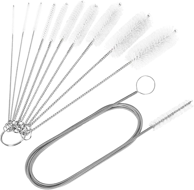 CiaraQ 11-Piece White Tube & Pipe Cleaning Brush Set | – 10 Rigid Brushes 1/16"-1" + 60" Flexible Wand Brush, Medium-Stiffness Nylon – for Drains, Guns, Coffee & Labs