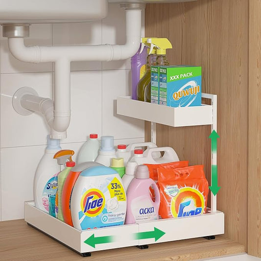 REALINN L-Shaped Under Sink Organizer with 6-Level Height Adjustment & Expandable Width, Pull-Out Cabinet Storage Rack with Quiet Sliding Rails for Kitchen, Bathroom, Laundry Room Cabinets, White