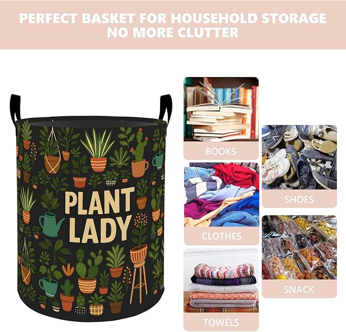 Plant Lady Laundry Basket Hamper 19.7"x15.8", Organizer Bins Gifts for Kids Boys Girls, Funny Plant Botanical Foldable Waterproof Oxford Clothes Storage Bucket for Bedroom Bathroom Decor
