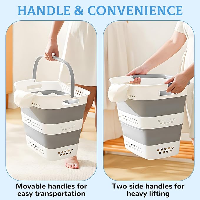 2 Pcs Collapsible Laundry Baskets for Clothes, 43L Plastic Laundry Hamper for Dorm Bedroom, Space Saving Pop-Up Laundry Hamper Container, Durable Foldable Laundry Basket with Handles (Grey-White)