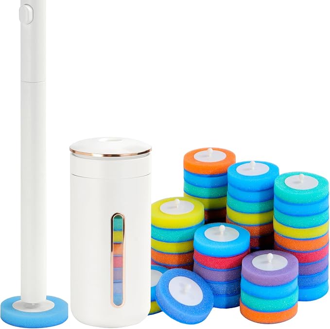 Disposable Toilet Brush, Wall-Mounted Toilet Wand Kit, 24 Refills | Toilet Bowl Cleaner Wand Touch Free, Extended Long Handle, Pre-Soaked Concentrated Cleaner Sponge, Bathroom Cleaning System