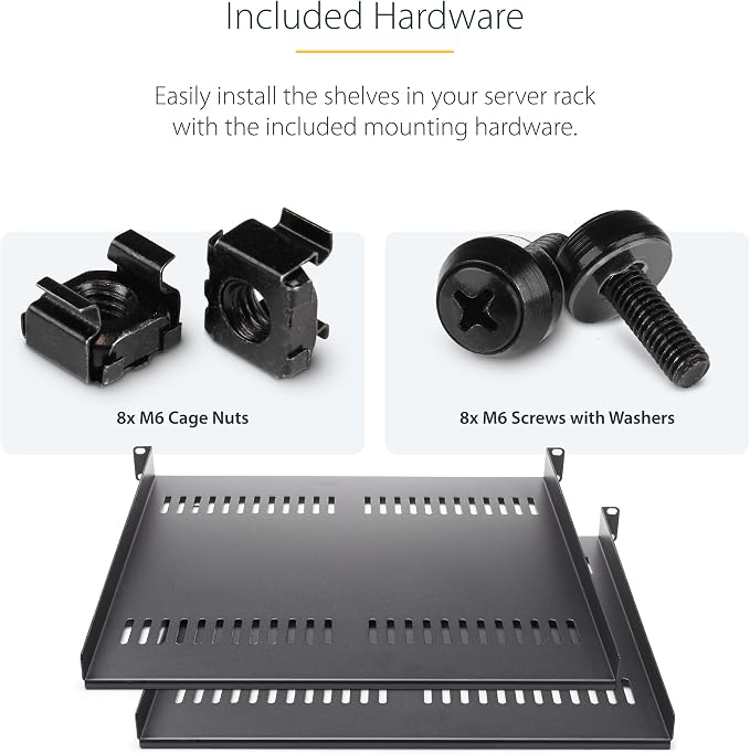 StarTech 2-Pack 1U Vented Cantilever Shelf, 16in, 44lb (CABSHELF116V2PK) | 44lb/20kg each, 16in/40cm deep, 14-gauge SPCC steel, EIA-310 fit