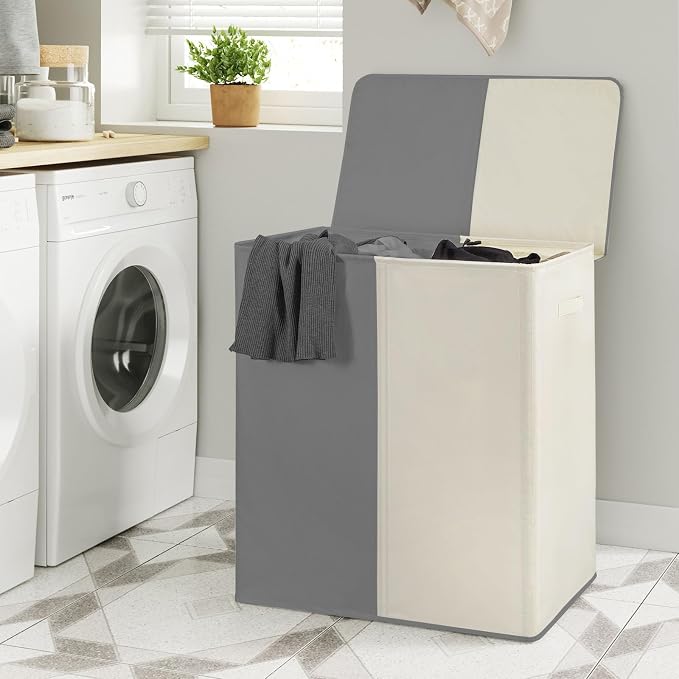 WOWLIVE Double Laundry Hamper with Lid, 154L Large Laundry Basket Organizer | Collapsible Dirty Clothes Hamper 2 Section, with Removable Laundry Bags for Laundry Room, College Dorm, Grey and Beige