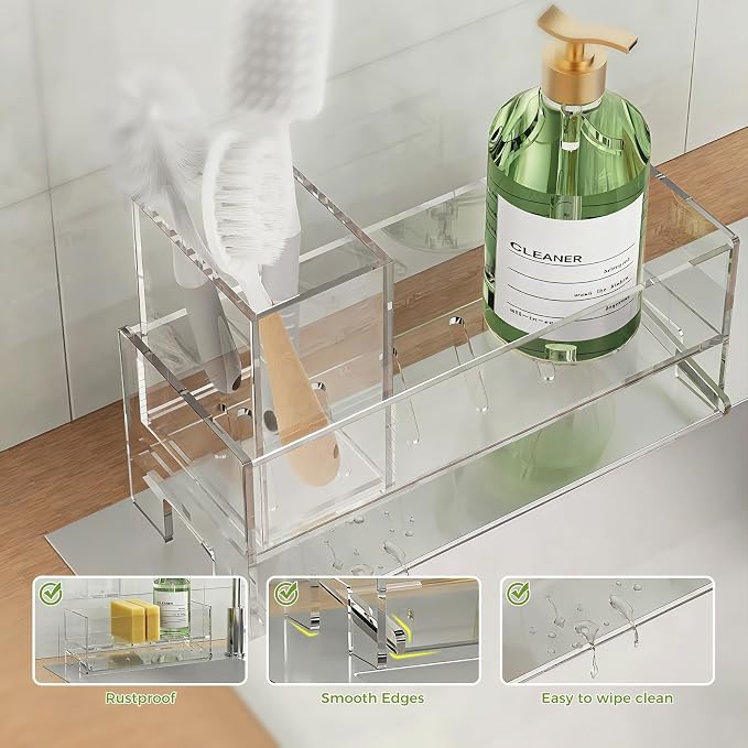 Clear Acrylic Kitchen Sink Caddy Organizer, Auto Drain Sponge Holder | Holds high brush & dish soap dispenser. Countertop storage essentials keep your sink dry, rustproof & easy to clean.