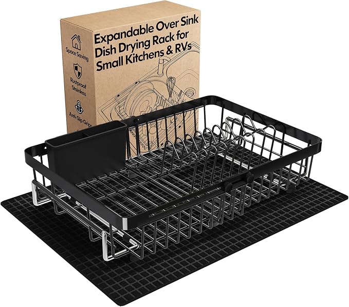 MAJALiS Dish Drying Rack Over The Sink with Utensil Holder, Mat | Expandable Stainless Steel Dish Drainer for Small Kitchen, Apartment, RV, Counter Space Saving, Perfect Fit, Rustproof
