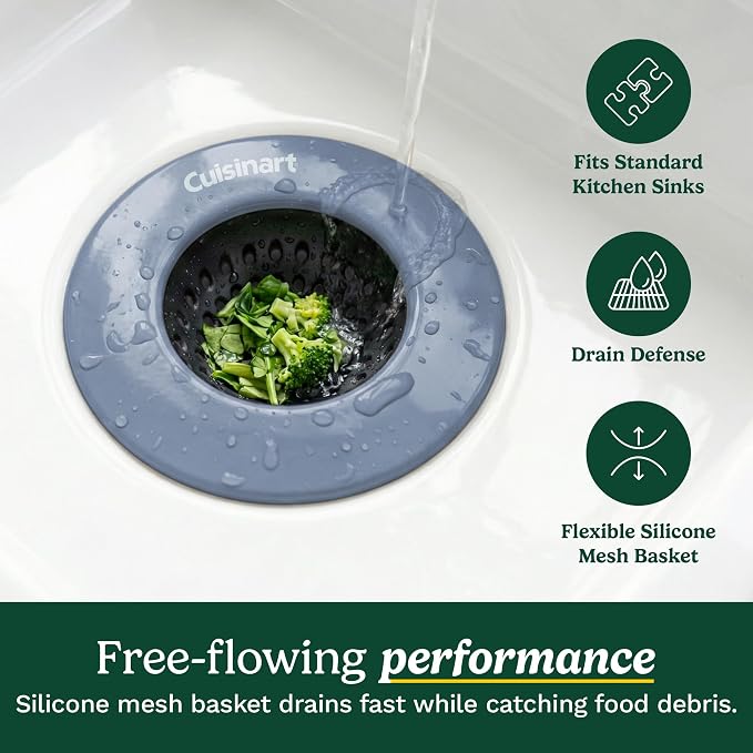 Cuisinart 2 Piece Sink Set – Sink Drain Strainer with Stainless Steel Rim & Silicone Mesh Base & Sponge Holder for Kitchen Sink, Metal Caddy with Triple Suction Cups, Daily Kitchen Essentials