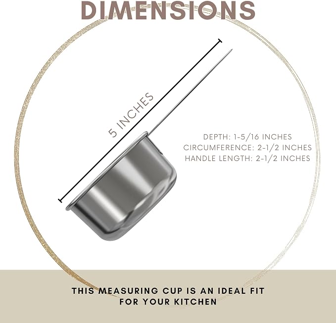 1/3 Cup Stainless Steel Measuring Cup | Sturdy Metal 80 ml | 80 cc | 3 oz | Single Cup for Wet and Dry Ingredients | Great for use as 1/3 Cup Dog Food Scoop - 4 PK