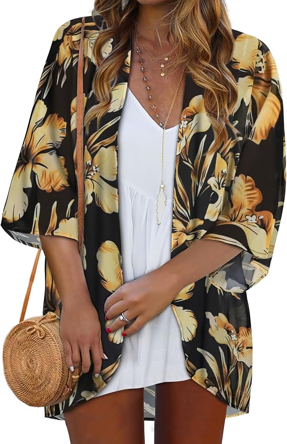 Women Kimono Cardigans Summer Cover Up Hawaiian Shirts Floral Print Tops | ROSEMIA chiffon kimono open front cardigans, beach cover ups, daily casual tops, cruise outfits, summer resort wear