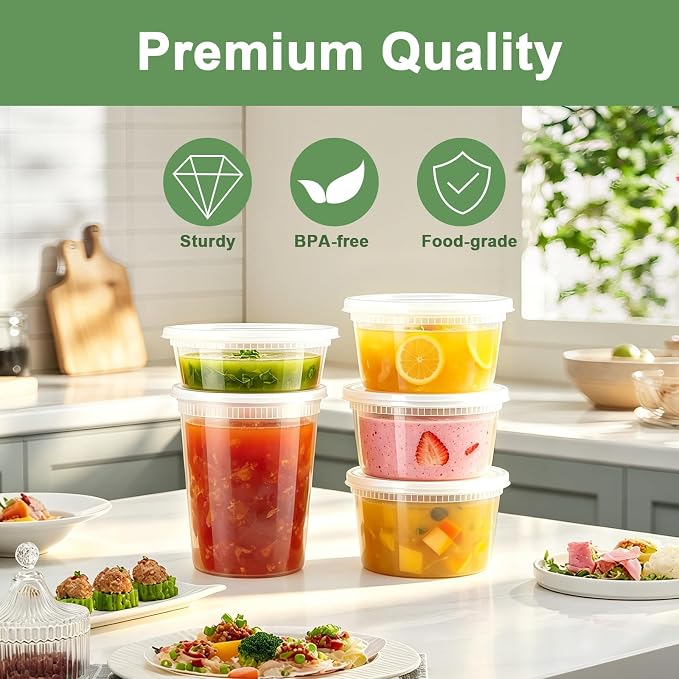 Lamosi Deli Containers with Lids 48 Sets, 32/16/8 oz X 16 Set Each, BPA Free & Airtight Plastic Food Containers with Lids for Soup and Takeout Meal Prep Storage, Freezer, Microwave & Dishwasher Safe