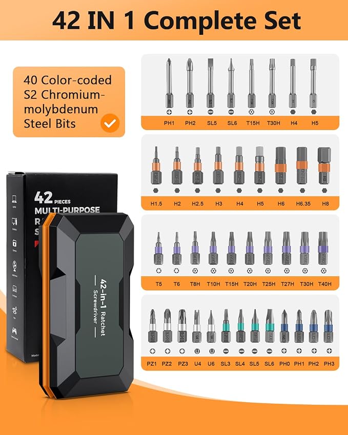 ORIA Ratchet Screwdriver Set, 42 in 1 Magnetic Screwdriver Kit with T Handle, Repair Tool Kit with 40 PCS Precision Bits, Portable Storage Case for Home Appliances, Bicycle, DIY
