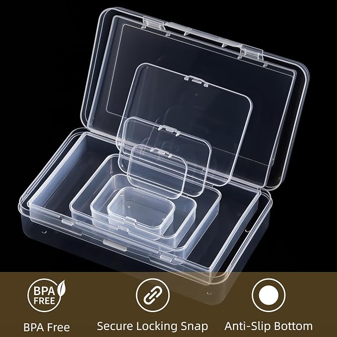 42 Pieces Mixed Sizes Rectangular Empty Mini Clear Plastic Organizer Box | Hinged Lids, For Small Items, Craft Projects