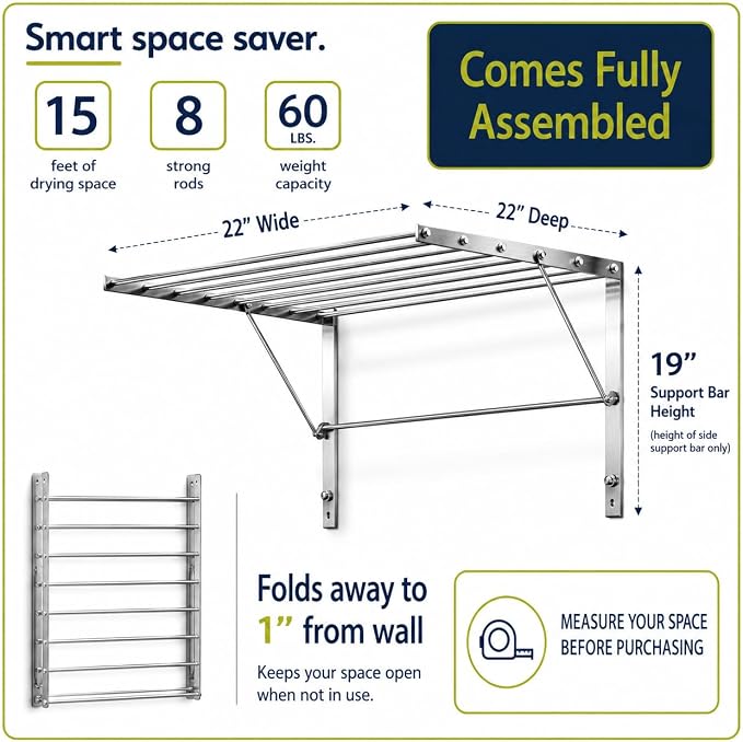 Smartsome Wall Mounted Clothes Drying Rack | 22" | 15 Ft | 60 lb