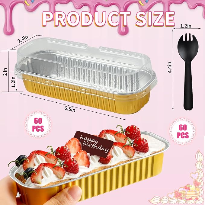 120Pcs Mini Loaf Pans with Lids and Spoons, Aluminum Foil Baking Pans, Rectangle Mini Cake Pan, Brownie Baking Cups for Picnics Party (Gold)