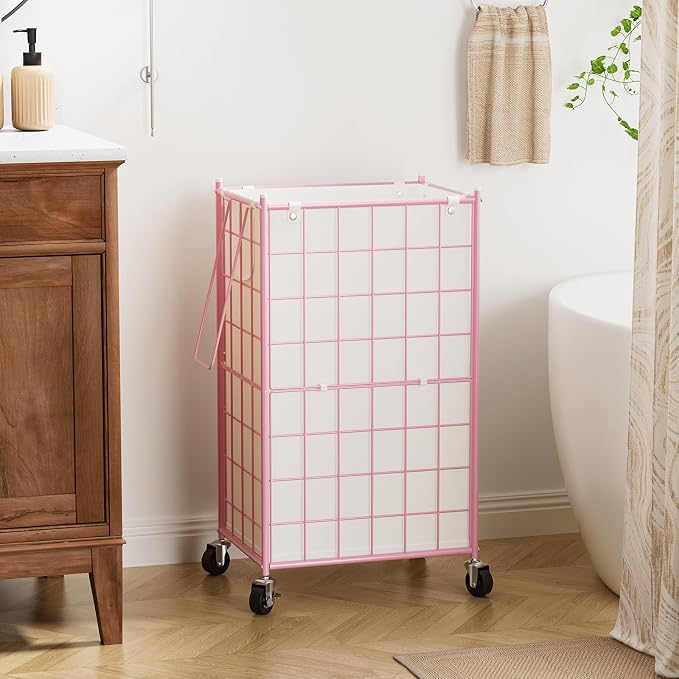 WOWLIVE Rolling Laundry Basket, Metal Wire Frame Laundry Hamper with Wheels | Hamper with Removable Bag, 100L Dirty Clothes Hamper Organizer Dorm Room Storage for Bedroom, Bathroom, Pink