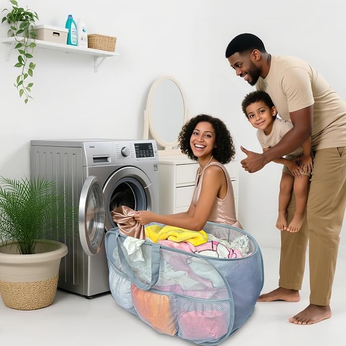 Pop Up Laundry Hamper 2 Pack with Handles & Side Pockets | 76L Foldable Collapsible Mesh Dirty Clothes Bin for Bedroom Dorm RV Camp, Lightweight Breathable, Grey