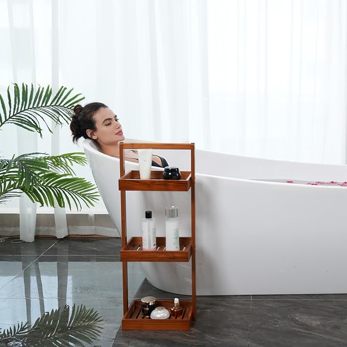 Utoplike Teak Shower Caddy Corner, Standing Organizer Shelf with Handle | 3 Tier with Handle, Wood Bathroom Stand Up Caddy Basket for Shampoo, Rack for Inside Shower, Bath, Office, Kitchen Desktop