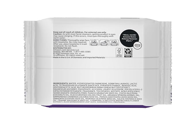 Amazon Basics Makeup Remover Wipes, Gentle Cleansing, Dermatologist Tested, Night Calming, Plant Based, Alcohol-Free, Removes Waterproof Mascara, pH Balanced, 25-Count, 6-Pack
