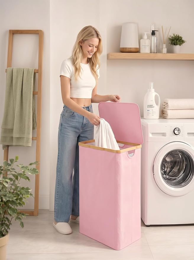 IEGrow Laundry Hamper with Lid,110L Laundry Basket with Mesh Bag,Pink | Dirty Clothes Hamper Basket with Bamboo Handle for Clothes Towels Organization
