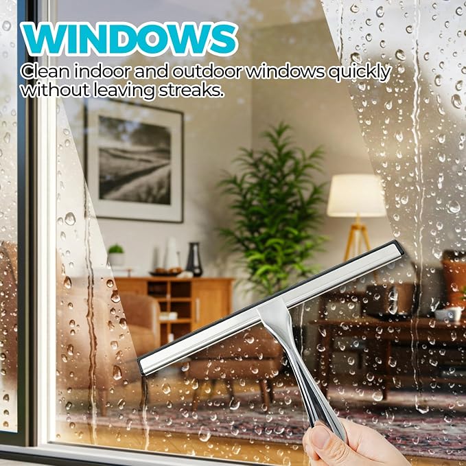 ALFLOD Shower Squeegee for Glass Doors, Tile Walls, Mirrors and Windshields | 10" silver, bathroom accessories, window cleaner, new home essentials, silicone blade, metal handle, adhesive hook